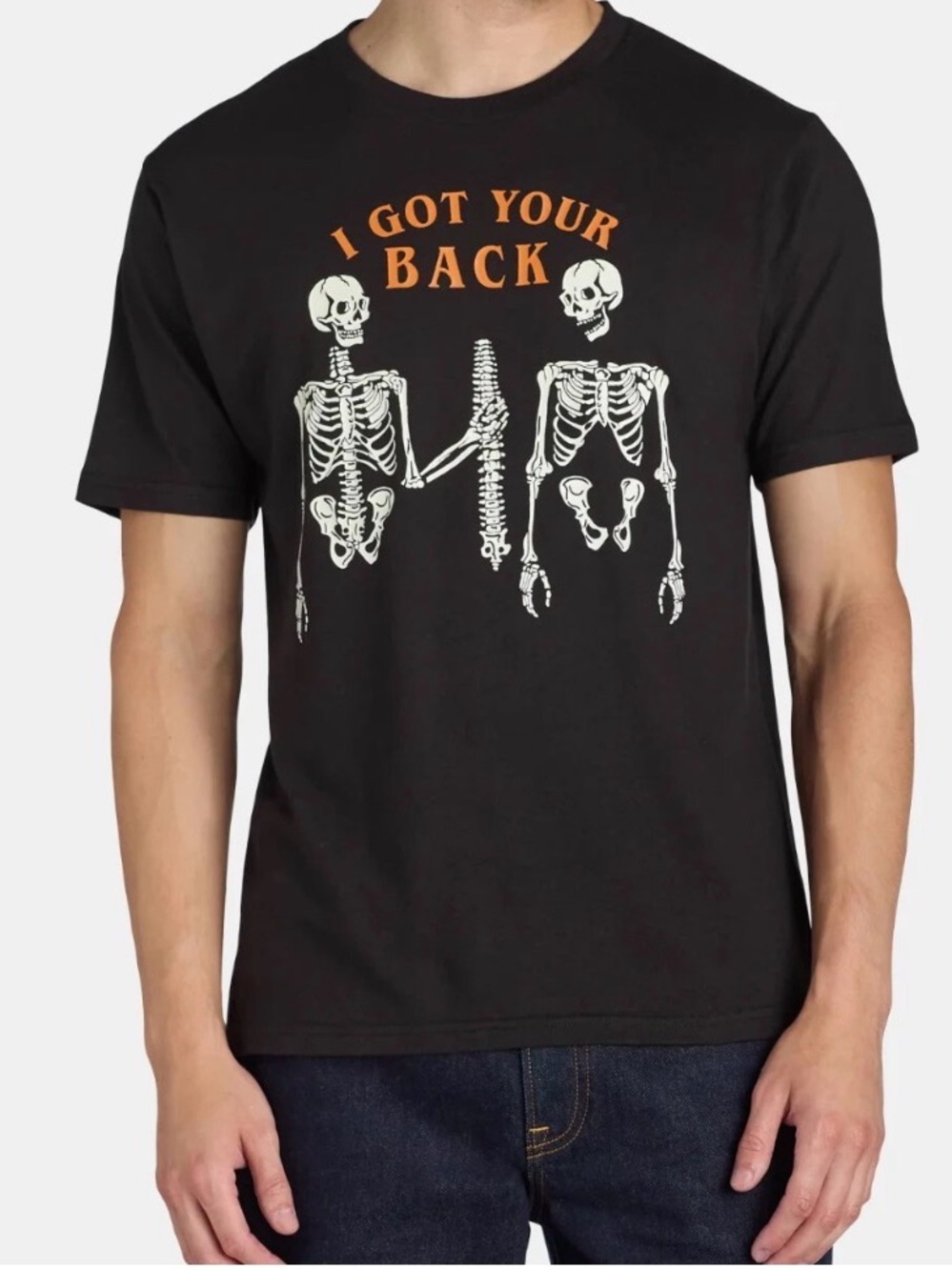 Graphic Skeleton 'I Got Your Back' Black Crewneck T-Shirt